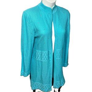 Ming Wang Size Medium Cardigan Longer Length Blue with Rhinestones Throughout